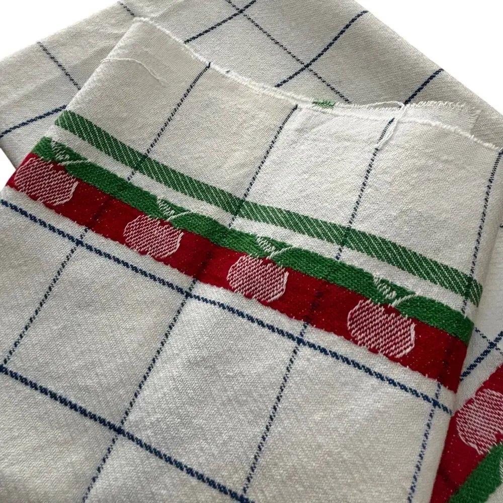 FIVE kitchen tea towels woven cotton cloth white blue red apple motif unfinished